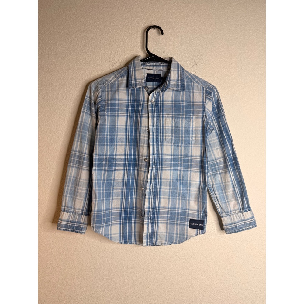 Calvin Klein Jeans Plaid Button Down Shirt Kids Size 8 Blue White Preppy